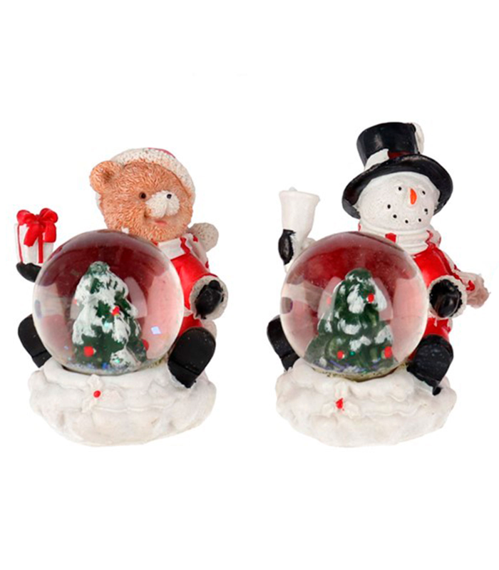 Tradineur - Pack de 2 bolas de nieve con figuras navideñas, cristal relleno de agua, agitar, estructura de resina, adornos, decoración Navidad - 7,5 x 7 x 6 cm - Modelos aleatorios