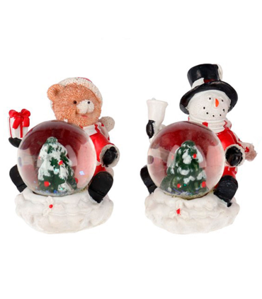 Tradineur - Pack de 2 bolas de nieve con figuras navideñas, cristal relleno de agua, agitar, estructura de resina, adornos, decoración Navidad - 7,5 x 7 x 6 cm - Modelos aleatorios