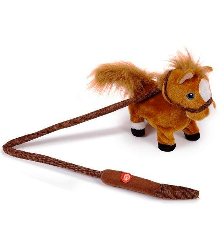 Tradineur - Caballo de peluche, anda y relincha, incluye correa rígida de 75 cm, sonido realista, peluche musical para pasear, juguete infantil, funciona con pilas, niños, 23 x 8 x 21 cm