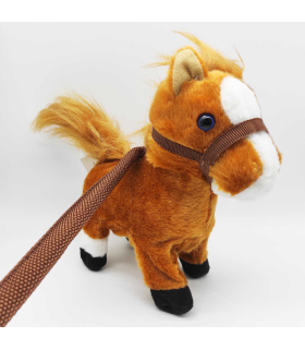 Tradineur - Caballo de peluche, anda y relincha, incluye correa rígida de 75 cm, sonido realista, peluche musical para pasear, juguete infantil, funciona con pilas, niños, 23 x 8 x 21 cm