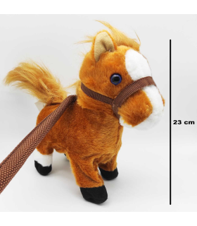 Tradineur - Caballo de peluche, anda y relincha, incluye correa rígida de 75 cm, sonido realista, peluche musical para pasear, juguete infantil, funciona con pilas, niños, 23 x 8 x 21 cm