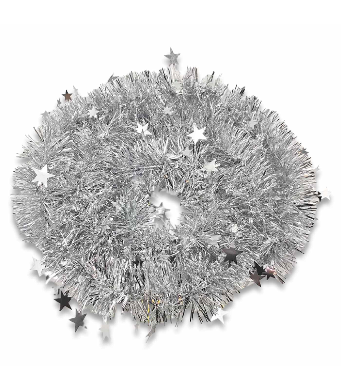 Tradineur - Guirnalda navideña plateada con estrellitas, 180 cm, diámetro 10 cm, espumillón brillante gris plata, oropel colgante, decoración navidad, árbol, chimeneas, fiesta de cumpleaños, bodas