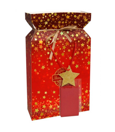 Tradineur - Caja de cartón para lote de Navidad, caja plegable con asas, incluye papel interior, guardar regalos, botellas vino, resistente, 42,5 x 26 x 10 cm, color aleatorio