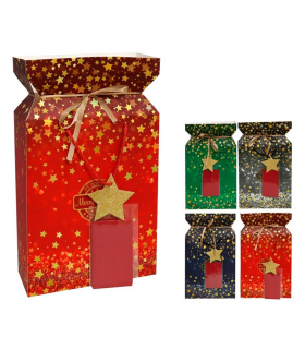 Tradineur - Caja de cartón para lote de Navidad, caja plegable con asas, incluye papel interior, guardar regalos, botellas vino, resistente, 42,5 x 26 x 10 cm, color aleatorio