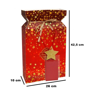 Tradineur - Caja de cartón para lote de Navidad, caja plegable con asas, incluye papel interior, guardar regalos, botellas vino, resistente, 42,5 x 26 x 10 cm, color aleatorio