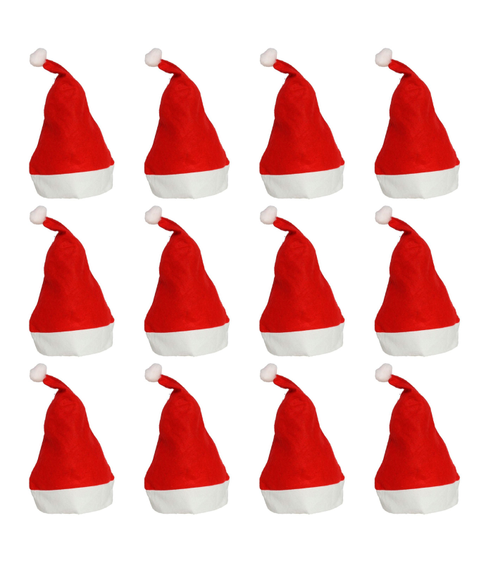 Tradineur - Pack de 12 gorros de Papá Noel para adultos, poliéster, accesorios navideños, sombreros, Navidad, carnaval, fiestas (Adulto, 30 x 40 cm)