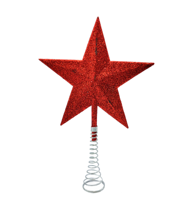 Tradineur - Estrella para árbol de navidad 5 puntas con muelle - Fabricación en metal y plástico - Accesorio decorativo de navidad - Color rojo - 14,5 cm