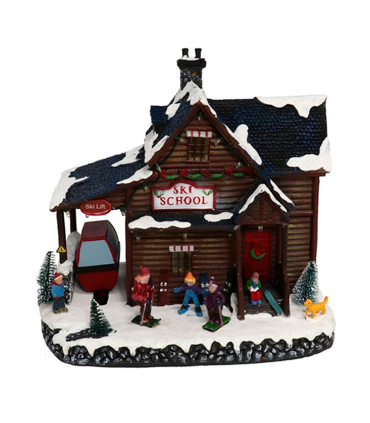 Casa navideña decorativa, escuela de esquí con luces LED y música 24 x 25 x 16,5 cm, resina y plástico, casita nevada con figuras de esquiadores, decoración de navidad