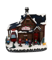 Casa navideña decorativa, escuela de esquí con luces LED y música 24 x 25 x 16,5 cm, resina y plástico, casita nevada con figuras de esquiadores, decoración de navidad