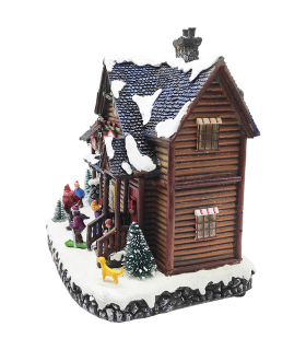 Casa navideña decorativa, escuela de esquí con luces LED y música 24 x 25 x 16,5 cm, resina y plástico, casita nevada con figuras de esquiadores, decoración de navidad