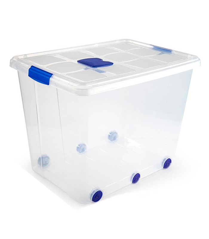 Tradineur - Caja de plástico transparente de 61,5 x 44 x 46,5 cm, con capacidad de 86 litros, Contenedor de plástico para almacenamiento con tapa y ruedas válida para interior y exterior.