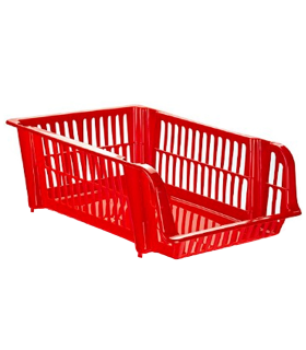 Tradineur - Cesta apilable de plástico, 1 ud, expositor, estante portaobjetos, organizador de frutas, verduras, ropa, documentos, cocina, baño, fabricado en España, 15 x 28 x 38 cm, color aleatorio