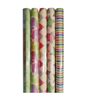 Tradineur - Pack de 5 rollos de papel kraft de regalo, modelo Todo Año, láminas, hojas para envolver regalos, cumpleaños, Navidad, 70 x 200 cm, diseños surtidos