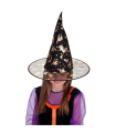 Tradineur - Gorro de bruja semitransparente decorado con calabazas, murciélagos, gatos - Sombrero de maga, hechicera, disfraz carnaval, Halloween - Diámetro 38 cm - Colores Surtidos