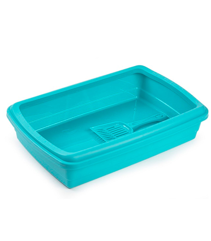 Tradineur - Arenero para gatos con pala, bandeja higiénica de plástico con borde alto extraíble, gatera, caja arena sanitaria, 47 x 31 x 11 cm, color aleatorio