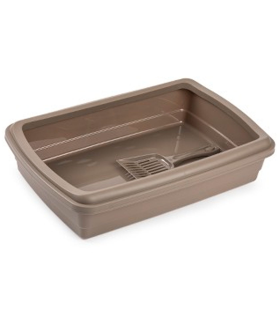 Tradineur - Arenero para gatos con pala, bandeja higiénica de plástico con borde alto extraíble, gatera, caja arena sanitaria, 47 x 31 x 11 cm, color aleatorio