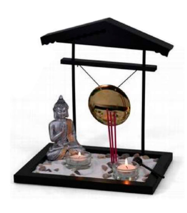 Tradineur - Jardín zen con Buda, gong, 2 portavelas e incienso, figura de buda para meditación, relajación, regalo, incluye arena y piedras, 30 x 26,5 x 19,5 cm