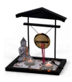 Tradineur - Jardín zen con Buda, gong, 2 portavelas e incienso, figura de buda para meditación, relajación, regalo, incluye arena y piedras, 30 x 26,5 x 19,5 cm