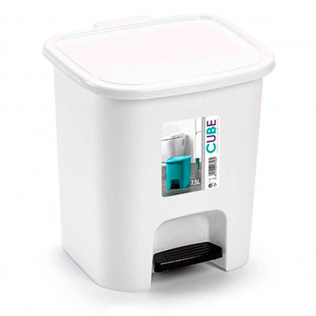 Tradineur - Cubo de basura con pedal, plástico, papelera, oficina, baño, cocina, fabricado en España (Blanco - 7,5 litros - 25,5