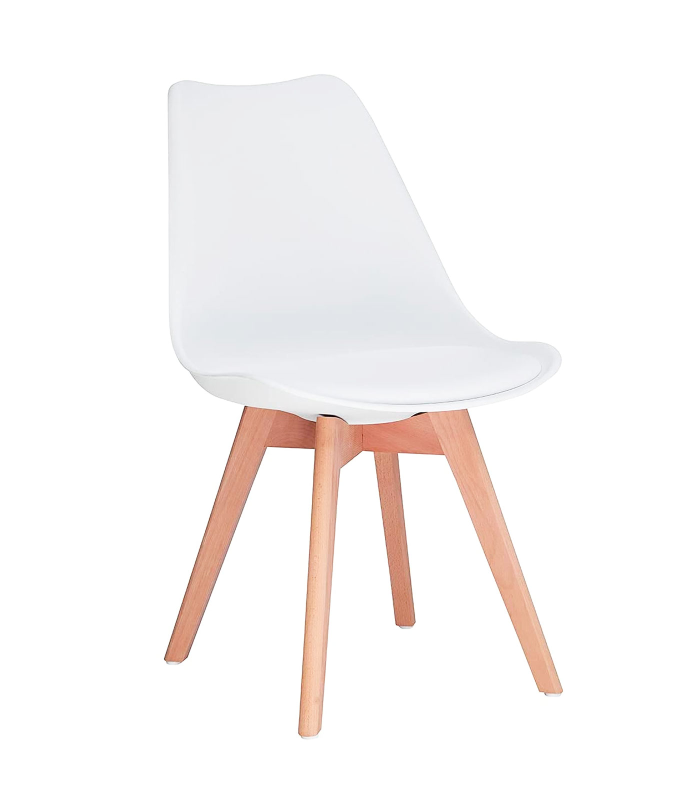 Silla con cojín, asiento de plástico y patas de madera, estilo nórdico, silla de interior, diseño escandinavo, color blanco, 81 x 46 x 53 cm, ideal para comedor, estudio, salón, cocina, dormitorio