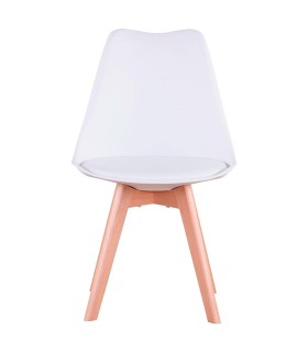 Silla con cojín, asiento de plástico y patas de madera, estilo nórdico, silla de interior, diseño escandinavo, color blanco, 81 x 46 x 53 cm, ideal para comedor, estudio, salón, cocina, dormitorio