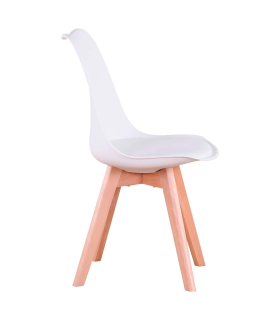 Silla con cojín, asiento de plástico y patas de madera, estilo nórdico, silla de interior, diseño escandinavo, color blanco, 81 x 46 x 53 cm, ideal para comedor, estudio, salón, cocina, dormitorio