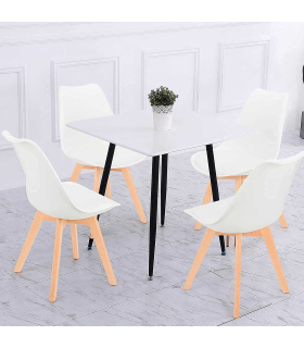 Silla con cojín, asiento de plástico y patas de madera, estilo nórdico, silla de interior, diseño escandinavo, color blanco, 81 x 46 x 53 cm, ideal para comedor, estudio, salón, cocina, dormitorio