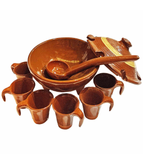 Tradineur - Mini Juego de queimada de barro artesanal, modelo mini individual, artesanía tradicional gallega, incluye cuenco, 6 tazas y cazo (Marrón, 14 x 7,5 cm)