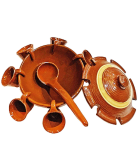 Tradineur - Mini Juego de queimada de barro artesanal, modelo mini individual, artesanía tradicional gallega, incluye cuenco, 6 tazas y cazo (Marrón, 14 x 7,5 cm)