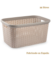 Tradineur - Cesta de plástico "Rattan" con asas, recipiente para la colada, diseño imitación de mimbre, lavandería, hogar, fabricada en España (Topo, 35 litros, 26,5 x 53,5 x 36 cm)