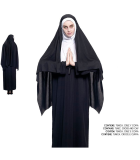 Tradineur - Disfraz de monja maldita para mujer, 100% fibra sintética, incluye túnica, cruz y cofia, religiosa, carnaval, Halloween, cosplay (Adulto, Talla M)