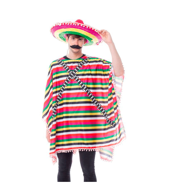 Tradineur - Disfraz de mexicano para adulto - Fabricado en fibra sintética - Incluye Poncho - Ideal para carnaval, Halloween, cosplay (Talla S)