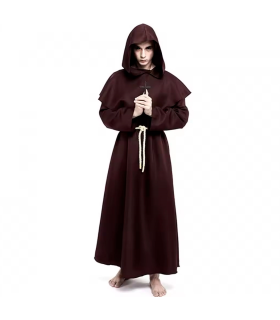 Tradineur - Disfraz de monje marrón para adulto, poliéster, incluye túnica, capucha, cinturón y colgante, atuendo de carnaval, Halloween, cosplay (Hombre, Talla M)