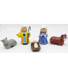 Tradineur - Set de 5 figuras del nacimiento Naïf para belén navideño, marmolina, José, María, niño Jesús, buey y mula, adornos, pesebre, navidad, 9 cm