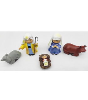 Tradineur - Set de 5 figuras del nacimiento Naïf para belén navideño, marmolina, José, María, niño Jesús, buey y mula, adornos, pesebre, navidad, 9 cm