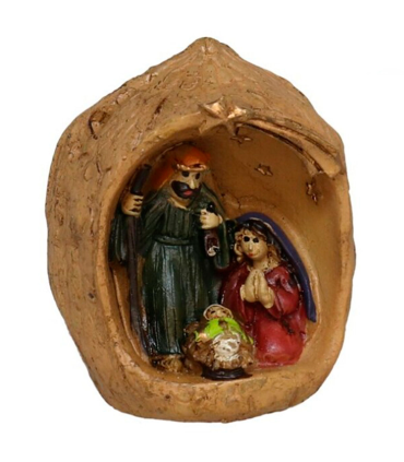 Tradineur - Mini nacimiento en nuez de resina, decoración Navidad, belén, pesebre, figura, adorno de sobremesa, estanterías, hogar, 4 x 3 cm