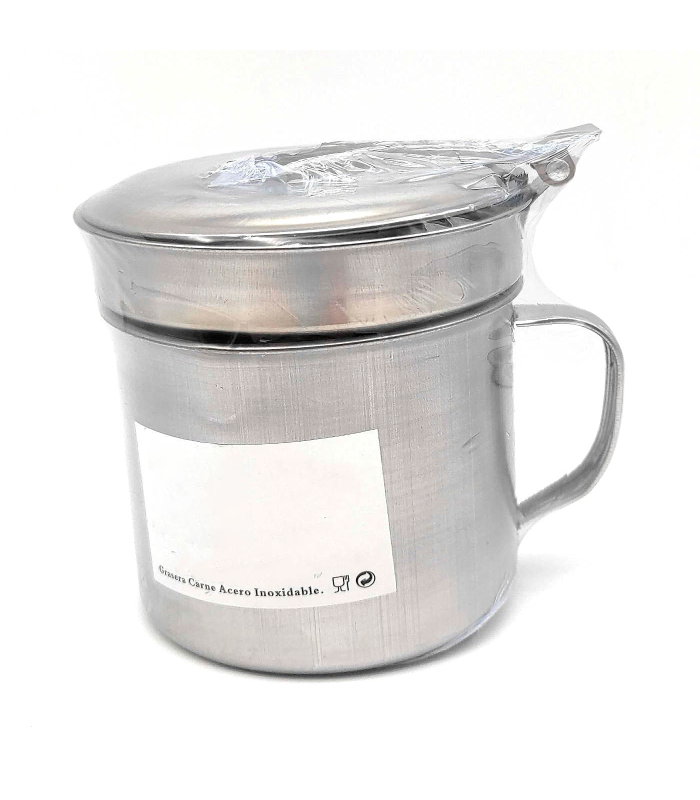 Tradineur - Grasera de metal para carne de 9,2 cm de diámetro y 10,7 cm de altura, con filtro, asa y tapa. Aceitera con colador para conservación de aceite de acero inoxidable. Recipiente para aceite