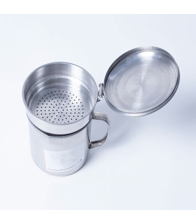 Tradineur - Grasera de metal para carne de 9,2 cm de diámetro y 10,7 cm de altura, con filtro, asa y tapa. Aceitera con colador para conservación de aceite de acero inoxidable. Recipiente para aceite