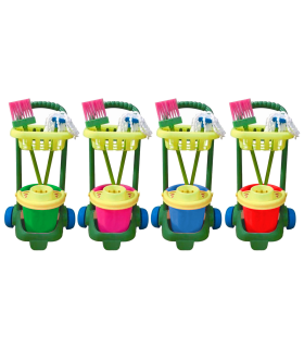 Tradineur - Carro de limpieza infantil de juguete con accesorios 57 x 31 x 20 cm, plástico resistente, cubo, fregona, escoba, barrer, fregar, regalo para niños, color aleatorio