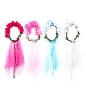 Tradineur - Diadema Hawaiana con ramas mojas y velo con una caída de 75 cm - Ideal para toda fiesta de Halloween o Carnaval - Rosas Color Surtido