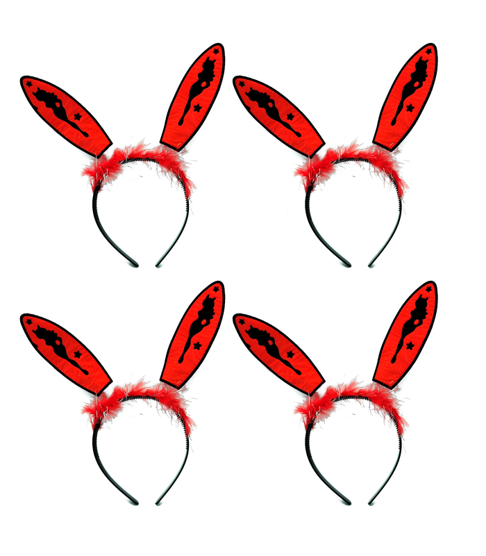 Tradineur - Pack de 4 diademas de conejita atractiva con orejas y pelaje - Fabricado en Plástico - Ideal para fiestas de despedidas, carnaval y Halloween - Color Negro y Rojo