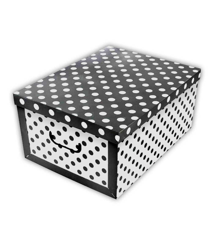 Tradineur - Caja de cartón con asas plegable - Diseño de lunares - Almacenamiento, organizador de ropa, juguetes, libros - 51 x 37 x 24 cm - Color blanco y negro