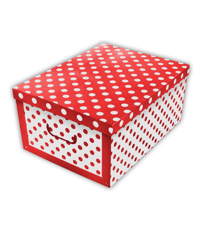 Tradineur - Caja de cartón con asas plegable - Diseño lunares - Almacenamiento, organizador de ropa, juguetes, libros - 51 x 37 x 24 cm - Color blanco y Rojo