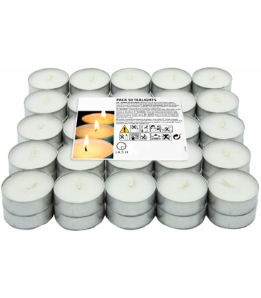 Tradineur - Pack de 50 velas de té con aroma neutro, tealights, tiempo de combustión: 4,5 horas, decoración del hogar (Blanco, 3,7 x 1,6 cm)