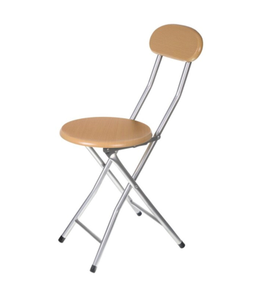 Sillla plegable metálica con respaldo y asiento de madera, reposapiés y conteras antideslizantes, taburete, banqueta, cocina, comedor, 72,5 x 29,5 cm