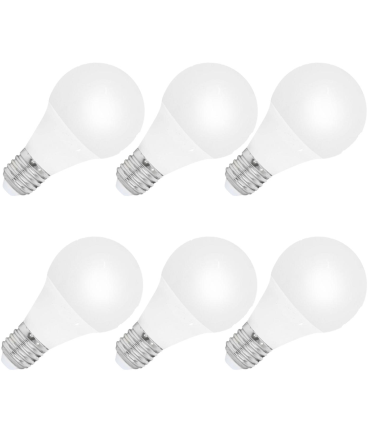 Pack de 6 bombillas led de 6w, de luz blanca fría, E27 con 85% de economizador de energía,480 lm 4000k, 20000h, 180 - 230v,50w,A+, para diferentes usos, de 9,5 x 5 x 5 cm. Set de 6 bombillas