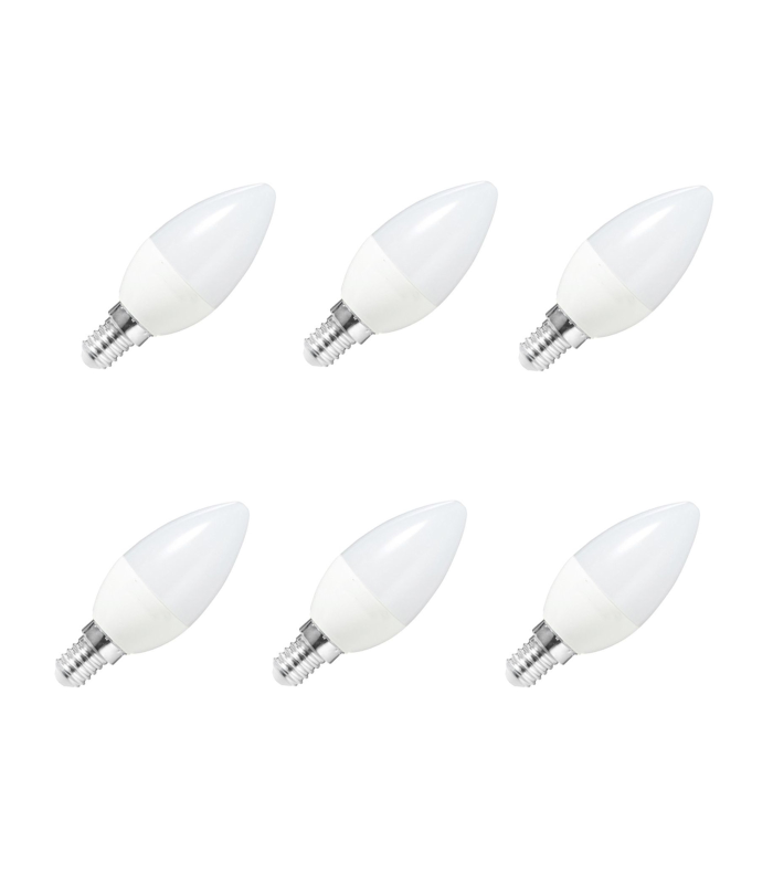 Pack de 6 bombillaa led vela E14 4w luz blanca fría 6400k, 360 lm, economizadora de energía 85% A + 100 x 40 mm