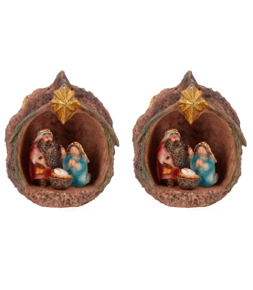 Tradineur - Pack de 2 nacimientos en nuez de resina, decoración Navidad, belén, pesebre, figura, adorno de sobremesa, estanterías, hogar, 11 cm