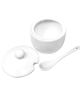 Tradineur - Azucarero redondo de cerámica con tapa y cucharilla, recipiente para azúcar, sal, condimentos de cocina (Blanco, 11 x 7,5 cm)