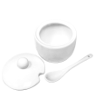 Tradineur - Azucarero redondo de cerámica con tapa y cucharilla, recipiente para azúcar, sal, condimentos de cocina (Blanco, 11 x 7,5 cm)